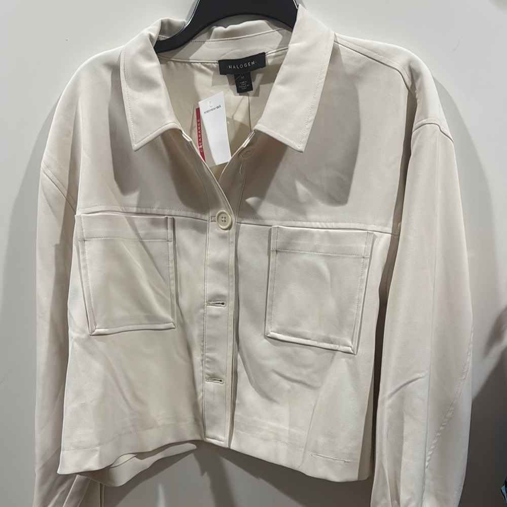 Halogen Cream Utility Jacket with Cropped Style and Textured Fabric